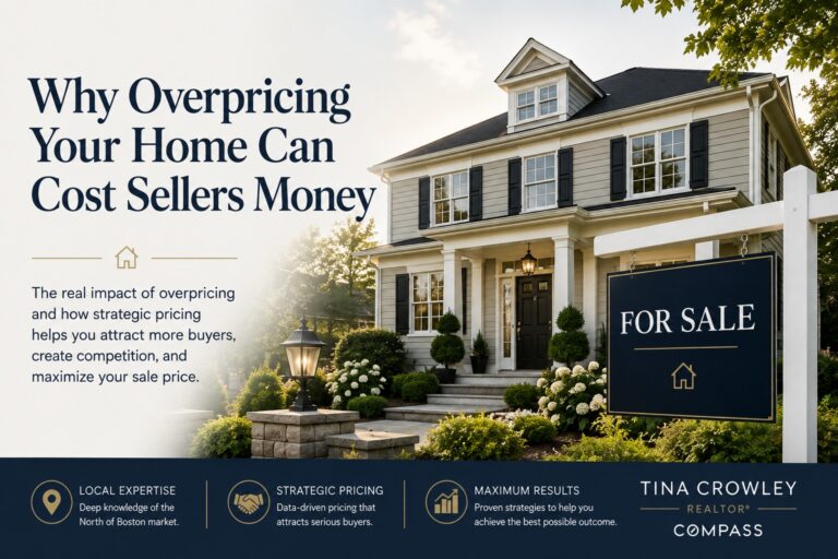 Beautiful Massachusetts home with a For Sale sign illustrating why overpricing your home can cost sellers money by reducing buyer interest and increasing time on the market.